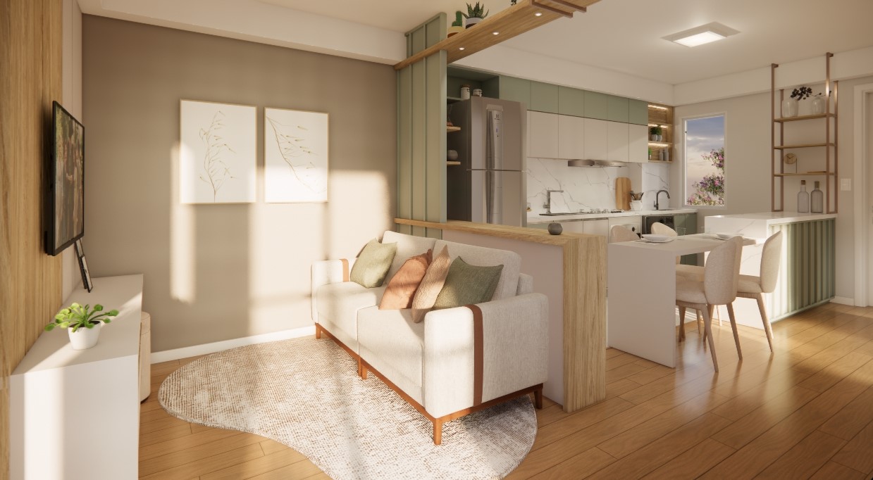 Reserva Areal: sala de estar integrada à cozinha em apartamento de 2 dormitórios
