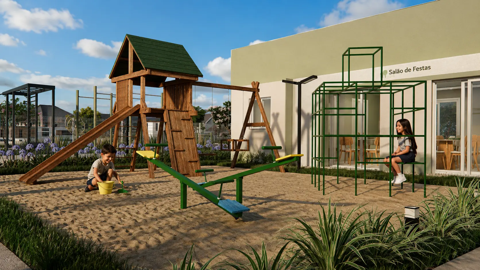 Playground com brinquedos de madeira