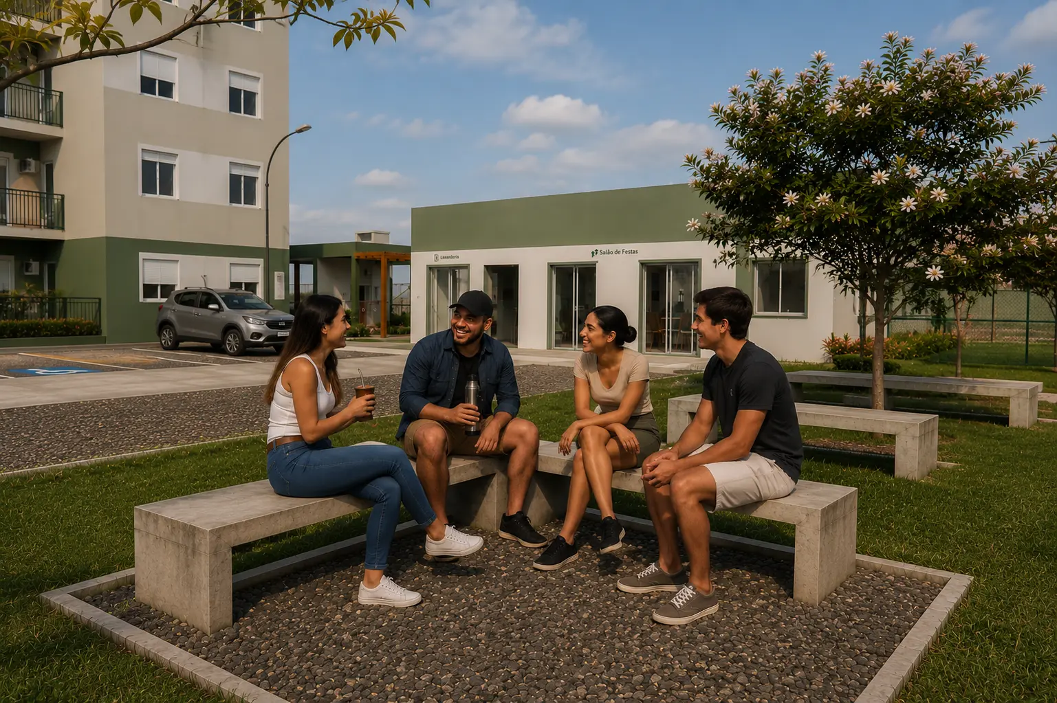Área de convivência com moradores reunidos