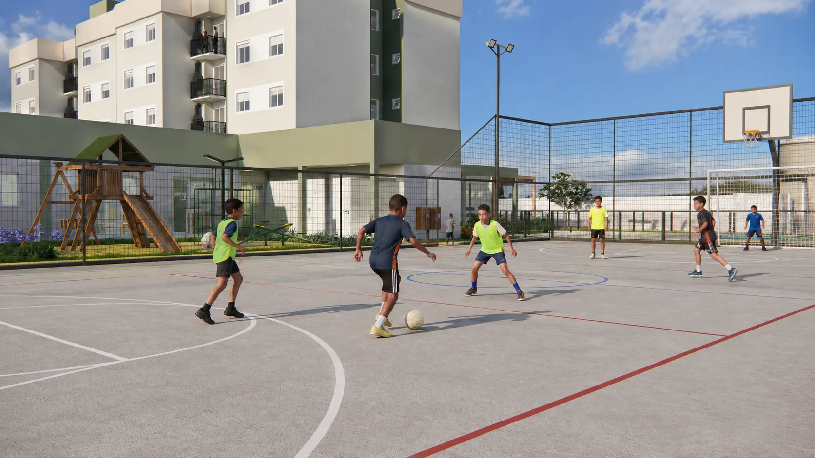 Quadra poliesportiva com crianças jogando futebol